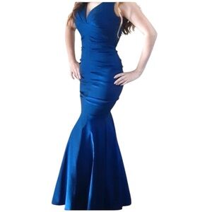 Cache evening gown ruched mermaid maxi dress navy blue taffeta women’s size 8